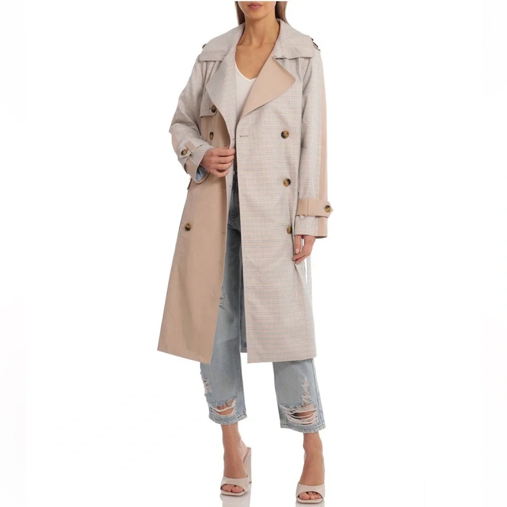 Avec Les Filles - Women's Mixed Media Plaid Cotton Trench Coat - Picture 1 of 3